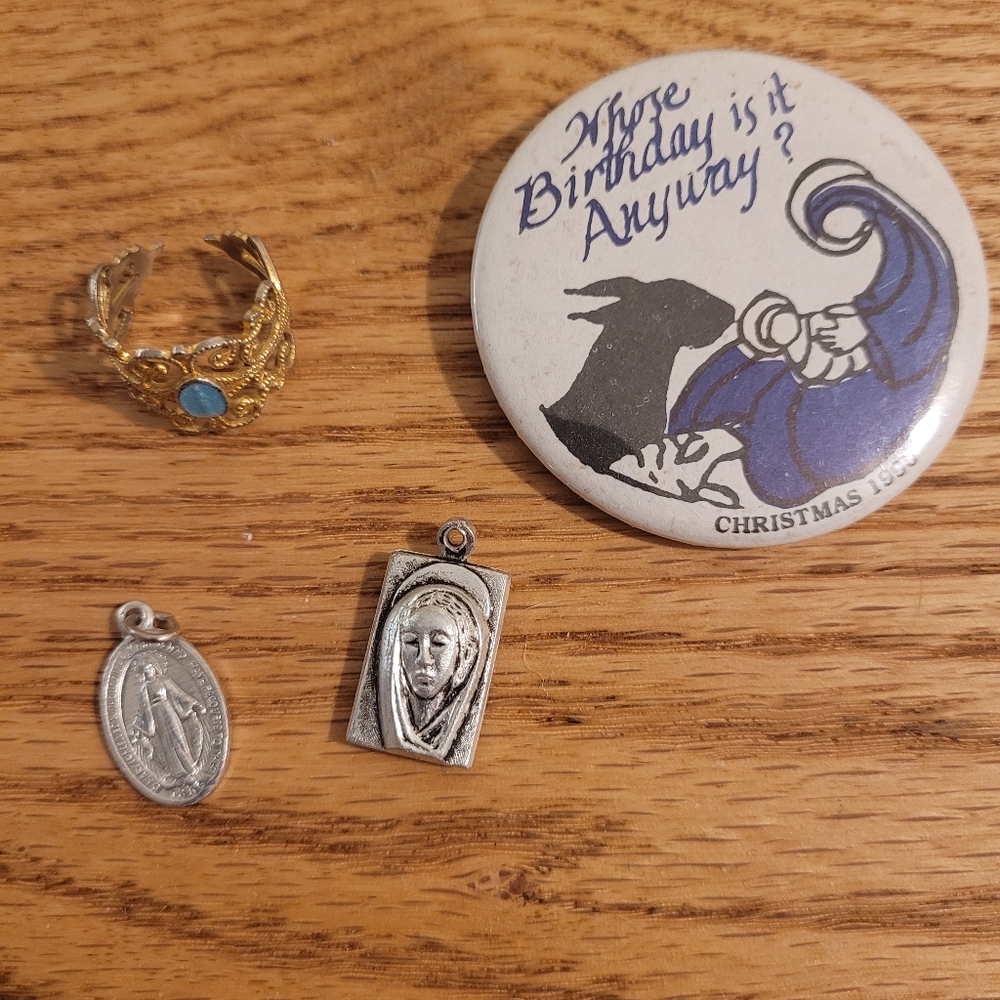 Vintage Christian jewelry bundle 2 pendants, adjustable gold ring, and pin
